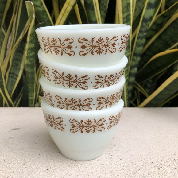 Pyrex Copper Filigree Brown Sugar Bowl Bouillon Cup Small Dish Set Of 4 Vintage - Picture 4 of 5